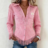 Women's Suede Fringed Shirt | Bohemian Long-Sleeve Button-Up Top