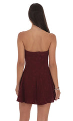 Jacquard Strapless Flare Dress in Burgundy