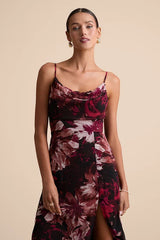 Flowery Passion Burgundy Floral Print Cowl Neck Midi Dress