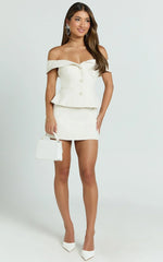 Aleena Top - Boucle Off Shoulder Button Detail Top in Cream