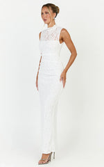 Luna Maxi Dress - Lace High Neck Sleeveless Dress in White