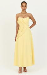 Dahlia Midi Dress - Strapless Side Frill Pleated A Line Dress in Lemon