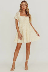 Dandelions Puff Sleeves A-Line Mini Dress Cream