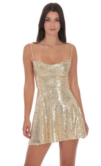 Sequin Cowl Neck Dress in Gold