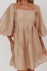Summerlin Puff Sleeve Eyelet Mini Dress Beige