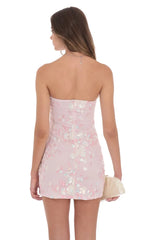 Strapless Floral Sequin Bodycon Dress in Pink