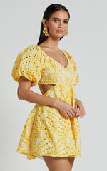 Sophia Mini Dress - Tie Back Puff Sleeve Dress in White and Yellow