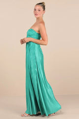 Whimsical Beauty Teal Green Satin Plisse Strapless Maxi Dress