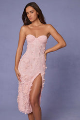 Lace-Up Corset Midaxi Dress with Split in Soft Pink