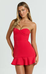 Rhea Mini Dress - Strapless Bustier Fit Bodice Drop Waist Frill Hem Skirt in Raspberry
