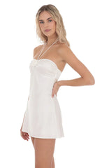 Flower Satin Halter Dress in White