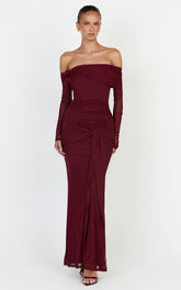 Waverly Maxi Dress - Long Sleeve Off Shoulder Dress in Wine