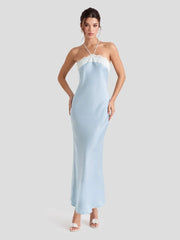 Satin Lace Trim Halter Maxi Dress