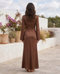 Women's Satin Bell-Sleeve Maxi Dress | Elegant Boat-Neck Evening Gown