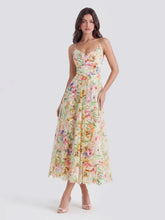 Watercolor Spaghetti Strap Eyelet Floral Midi Dress