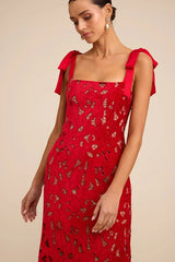 Ramsey Red Embroidered Tie-Strap Maxi Dress