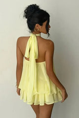 Sexy Backless Halter Tie Waist Slim Fit Ruffled Mini Dress