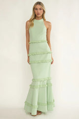 Haze Frill Trim Halterneck Maxi Dress Sage