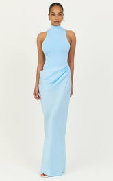 Elodie Maxi Dress - High Neck Draped Overlay Dress in Light Blue