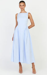 Casina Midi Dress - Boat Neck Tie Back Fit And Flare Dress in Blue