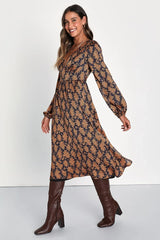 Graceful Impression Black and Orange Floral Print Midi Dress