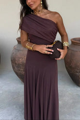 Women's Pleated One-Shoulder Maxi Dress | Graceful Flowing Summer Dress