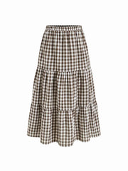 Woven High Rise Gingham Tiered Midi Skirt