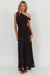Lylah Asymmetric Neckline Mesh Maxi Dress Black