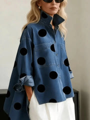 Women's Polka Dot Denim Shirt | Oversized Relaxed Button-Down Shirt