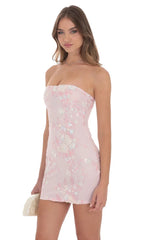 Strapless Floral Sequin Bodycon Dress in Pink