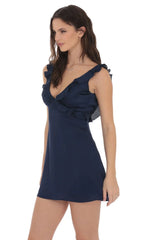 Satin Ruffle V-Neck Dress in Navy