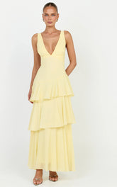 Beryl Midi Dress - Deep V Neck Sleeveless Layered Dress in Lemon