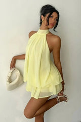Sexy Backless Halter Tie Waist Slim Fit Ruffled Mini Dress