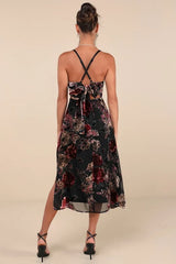 Exuberant Vibes Black Floral Velvet Burnout Tie-Back Midi Dress
