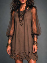 Women's Sheer Crochet-Hem Mini Dress | Boho Long-Sleeve Flowing Mini Dress