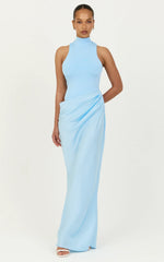 Elodie Maxi Dress - High Neck Draped Overlay Dress in Light Blue