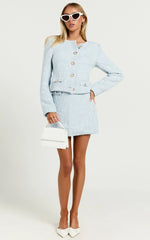 Olympia Mini Skirt - High Waisted A Line Boucle Skirt in Pale Blue