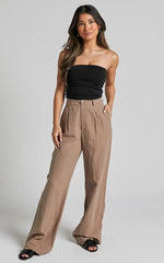 Larissa Trousers - Linen Mid Waisted Relaxed Straight Leg Trousers in Mushroom