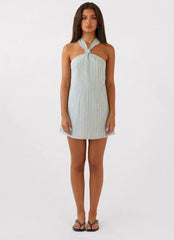 Keira Linen Micro Mini Dress - Blue Choc Stripe