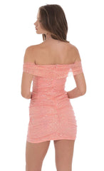 Iridescent Sequin Off Shoulder Dress in Coral