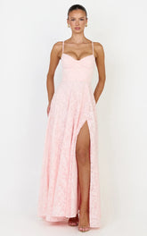 Rachel Maxi Dress - Sweetheart Neckline Jacquard Front Split Dress in Pink