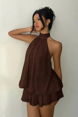 Sexy Backless Halter Tie Waist Slim Fit Ruffled Mini Dress