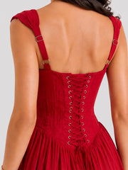 Lace-Up Corset Midi Dress with Full Skirt