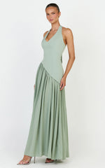Calla Maxi Dress - Halter Neck Asymmetric Dropped Waist Dress in Sage