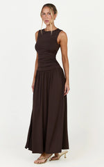 Marguerite Maxi Dress - Gathered Detail Dropped Waist Dress in Dark Chocolate