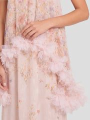 Watercolor Floral Halter Gown with Floral Trim