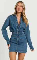Kamala Mini Dress - Long Sleeve Button Through Denim Dress in Dark Blue Wash