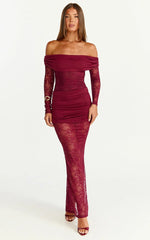 Juliet Maxi Dress - Off Shoulder Long Sleeve Ruched Overlay Lace Dress in Wine
