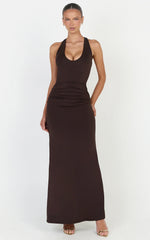 Sophie Maxi Dress - Plunge Neckline Ruched Waist Racer Back Dress in Chocolate