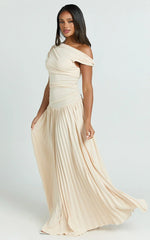 Yvonne Maxi Dress - Pleat Skirt Tip Shoulder Ruched Dress in Off White